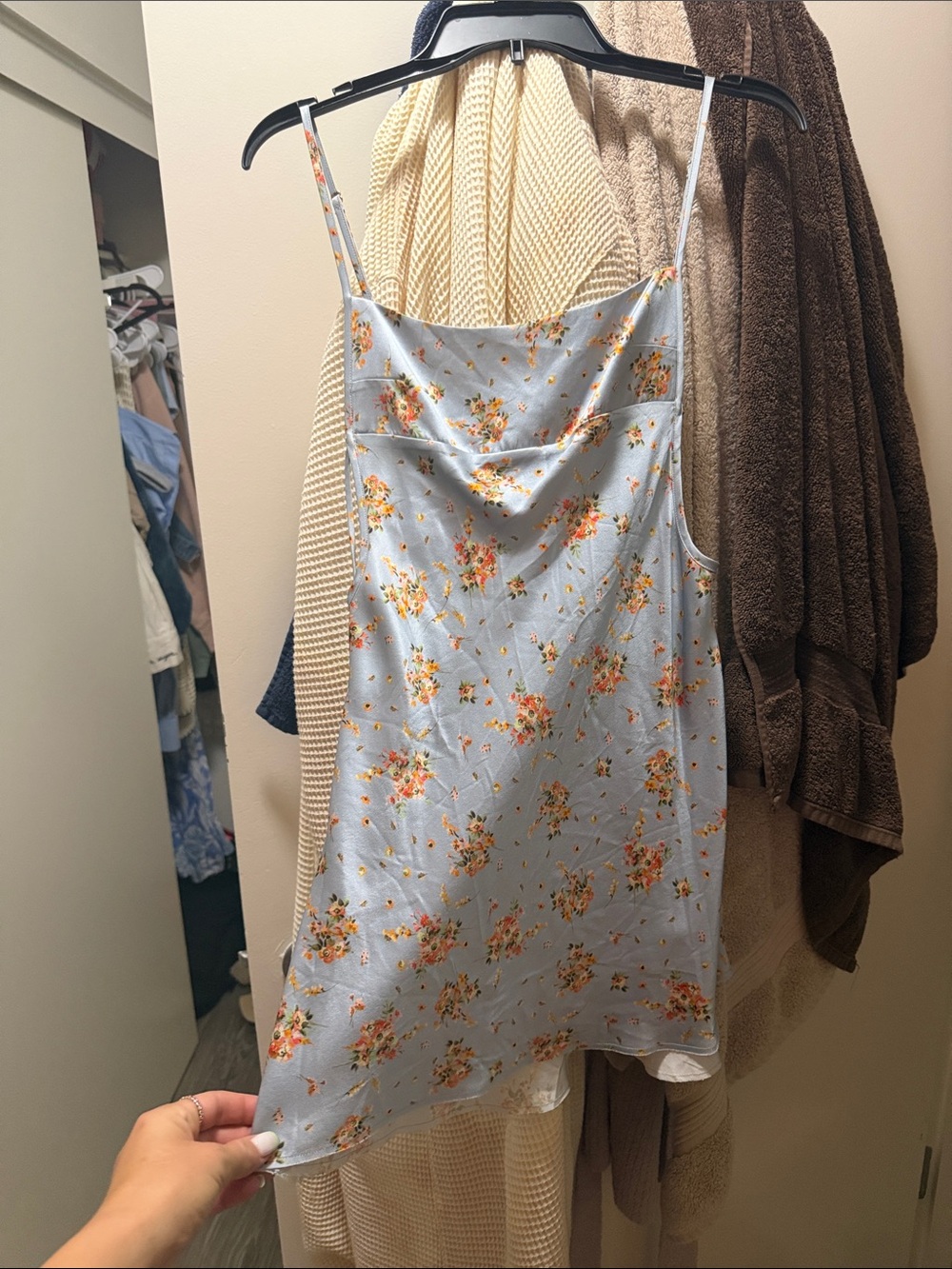 ARE YOU AM I Light Blue Floral Cowl Neck Cami with Orange-Yellow Blossoms